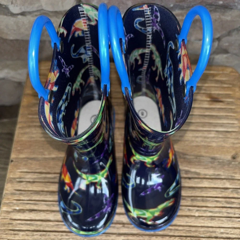 Zoogs Toddler Pull On Handle Rain Boots Dinosaur Print Blue Size 8